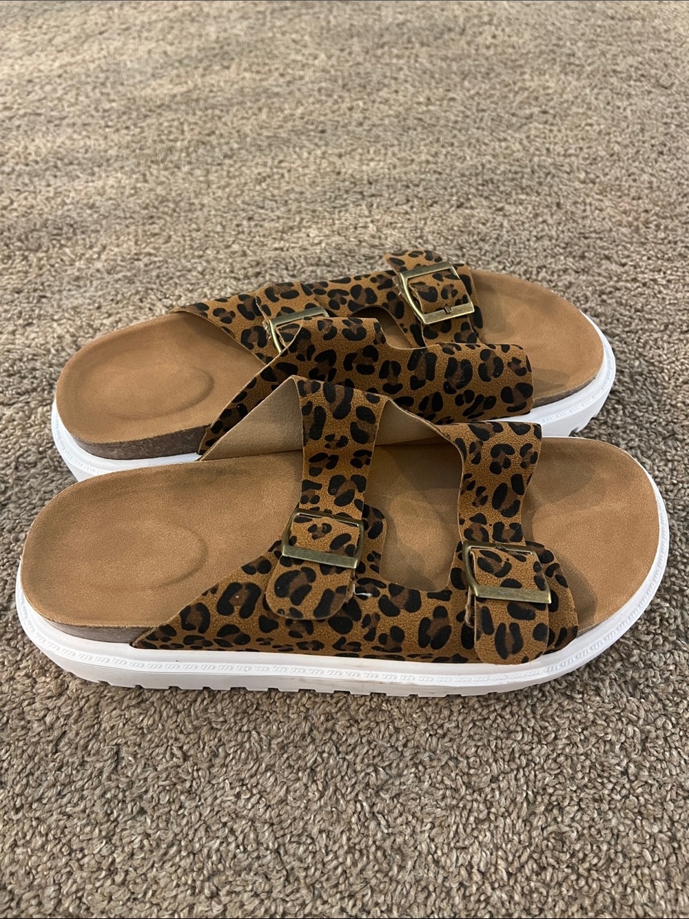 Leopard Print Double-Buckle Slide Sandals - Tan/Black - Picture 2 of 4